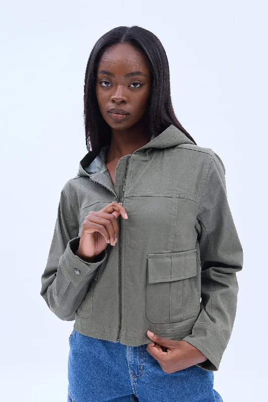 Twill Midi Zip-Up Hooded Cargo Jacket