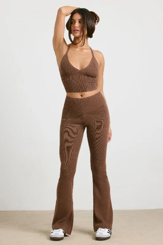 Muse - Petite Chunky Knit Kick Flare Trousers in Espresso