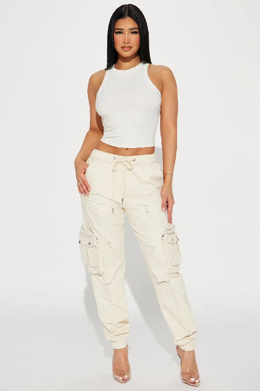 Who's That Girl Distressed Cargo Jogger - Ivory