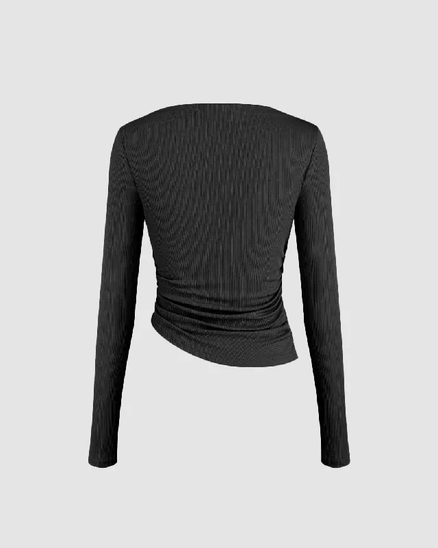 asymmetrical-neck-ruched-long-sleeve-tee-in-black