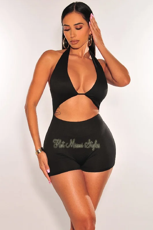 Black Halter V Neck Cut Out Romper