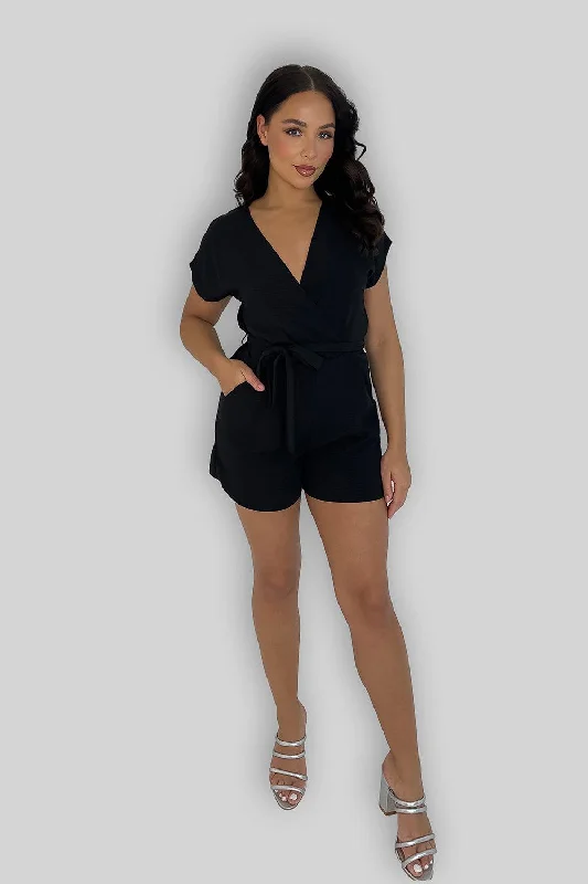 Black Low Cut Tie Up Playsuit