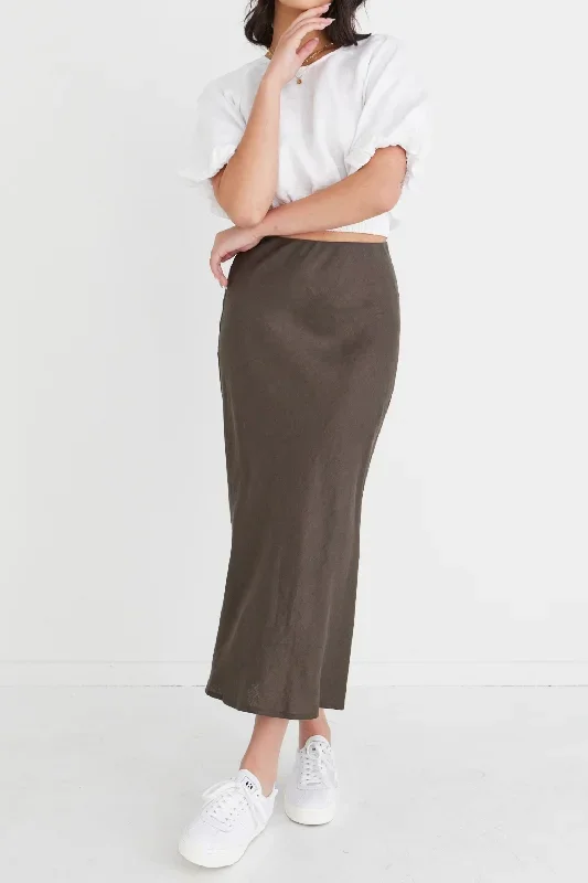 Bliss Dark Olive Linen Bias Midi Skirt