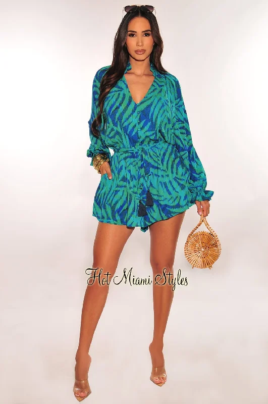 blue-green-palm-print-long-sleeve-button-up-v-neck-belted-romper