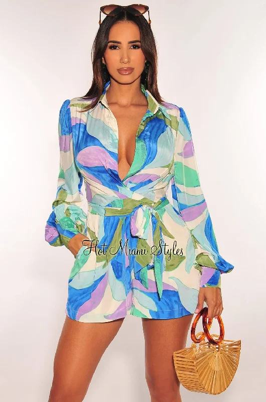 Blue Multi Color Abstract Long Sleeve Collared Plunge V Neck Belted Romper