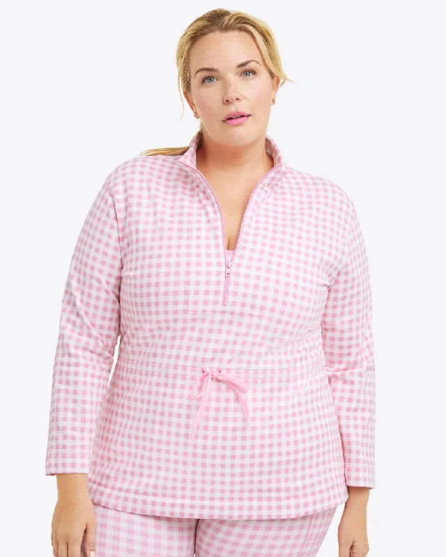 Cinch Waist Quarter-Zip in Pink Gingham