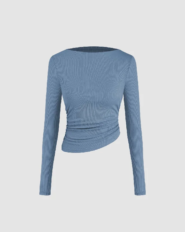 combo-asymmetrical-neck-ruched-long-sleeve-tee-in-dusty-blue-and-black