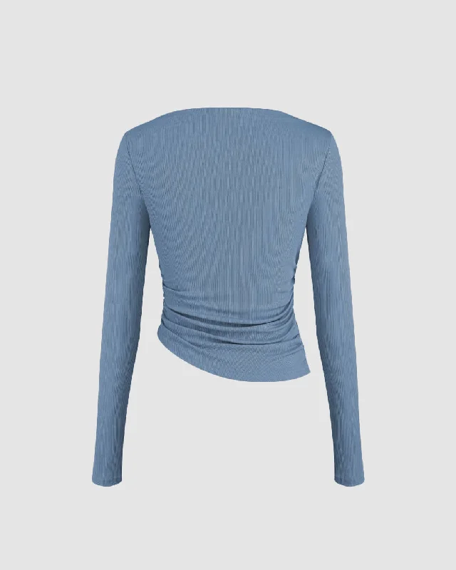 combo-asymmetrical-neck-ruched-long-sleeve-tee-in-dusty-blue-and-black