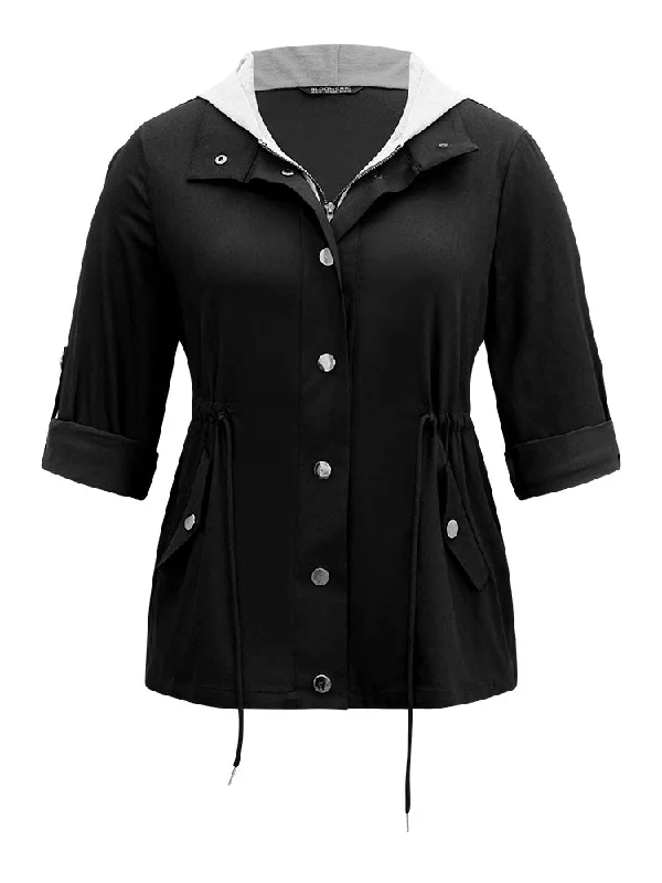 contrast-hooded-drawstring-zipper-button-up-jacket