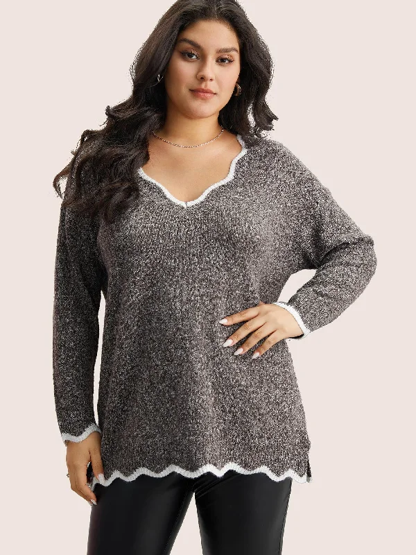 contrast-split-side-scalloped-trim-pullover