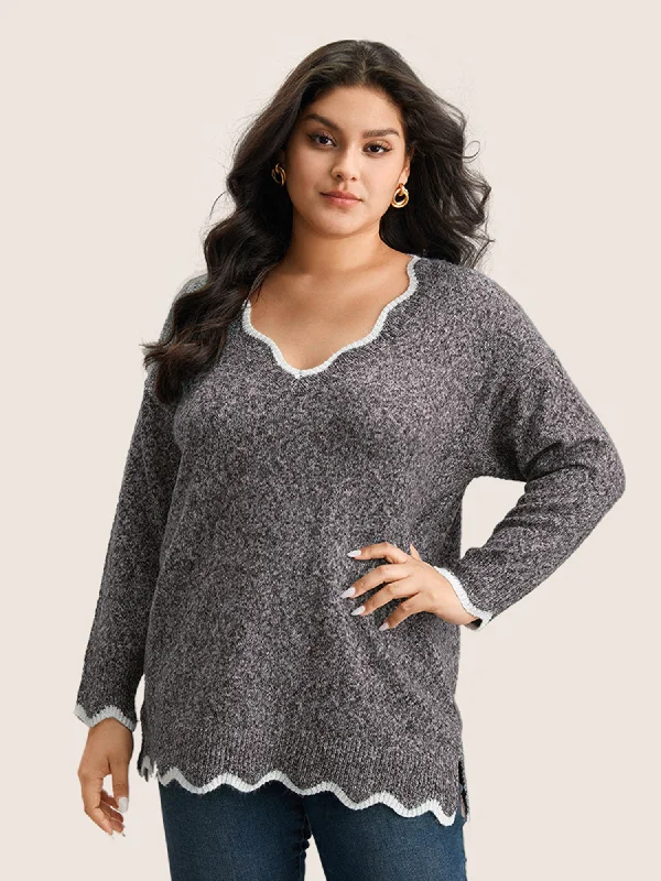 contrast-split-side-scalloped-trim-pullover