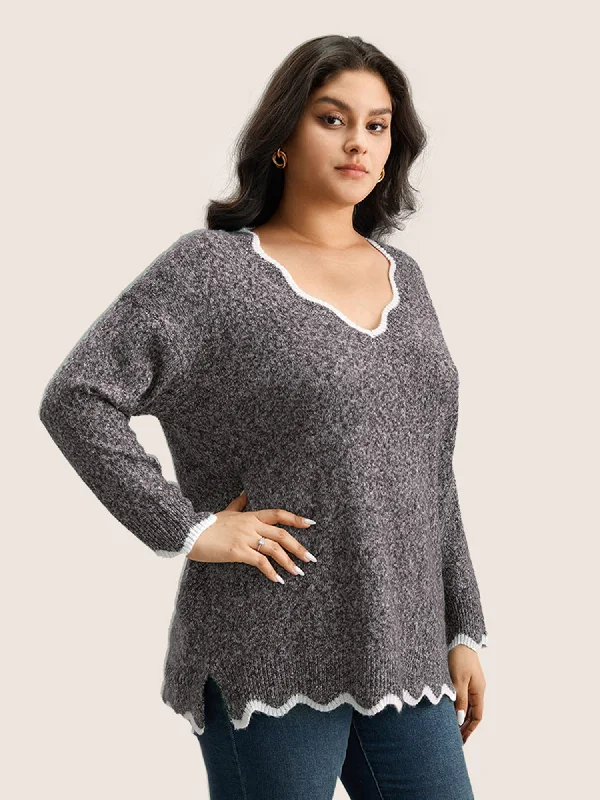 contrast-split-side-scalloped-trim-pullover