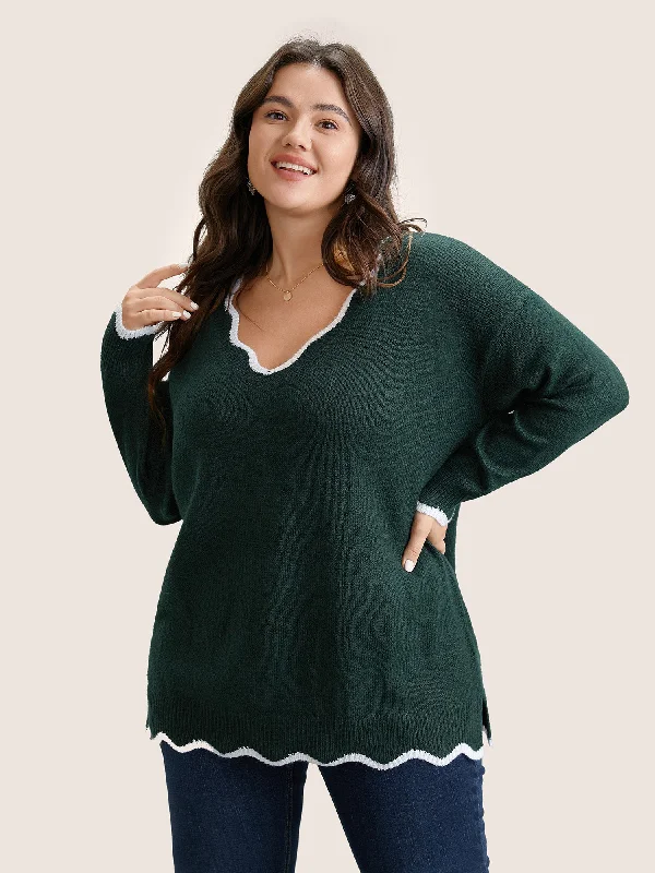 contrast-split-side-scalloped-trim-pullover