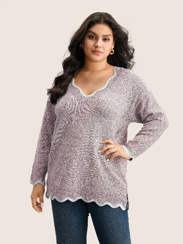 contrast-split-side-scalloped-trim-pullover