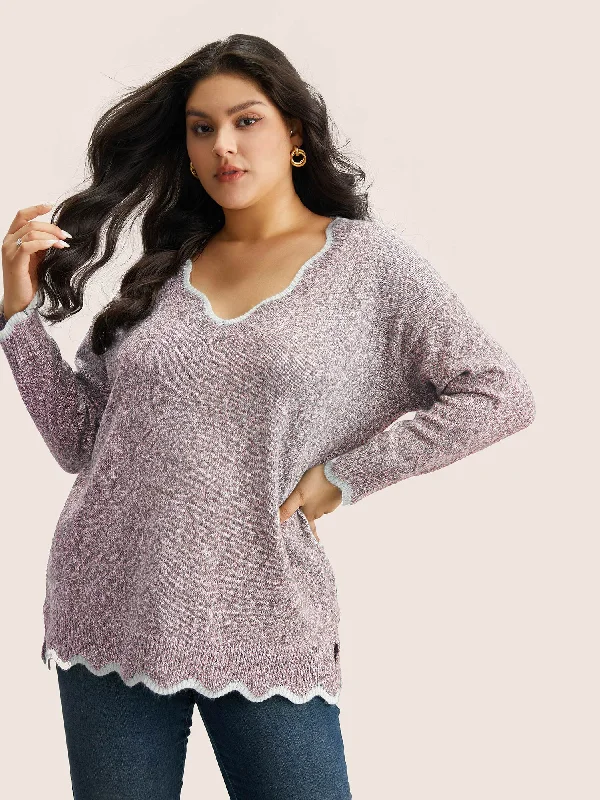 contrast-split-side-scalloped-trim-pullover