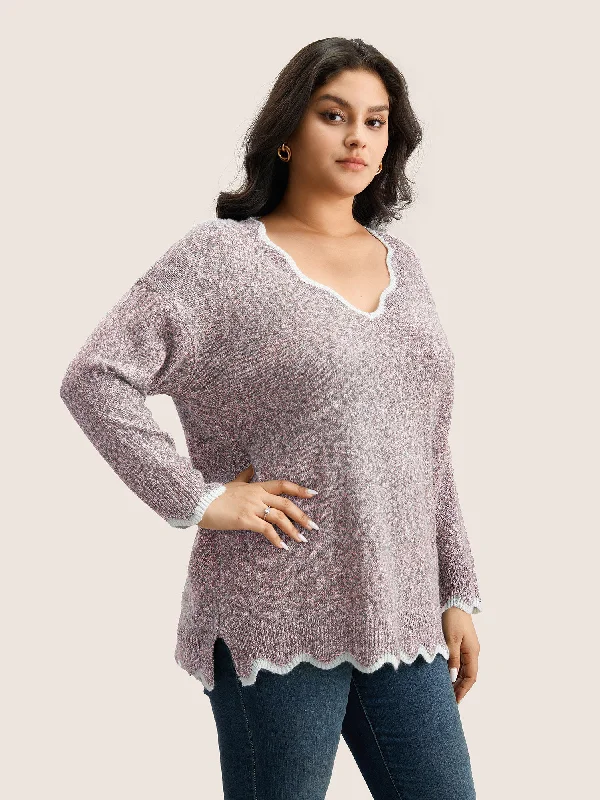 contrast-split-side-scalloped-trim-pullover