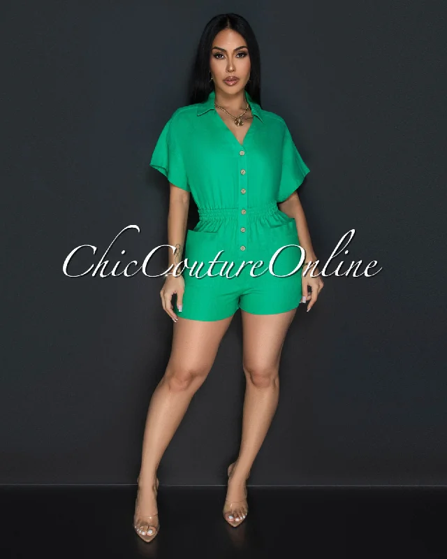 Cora Kelly Green Front Buttons Linen Utility Romper