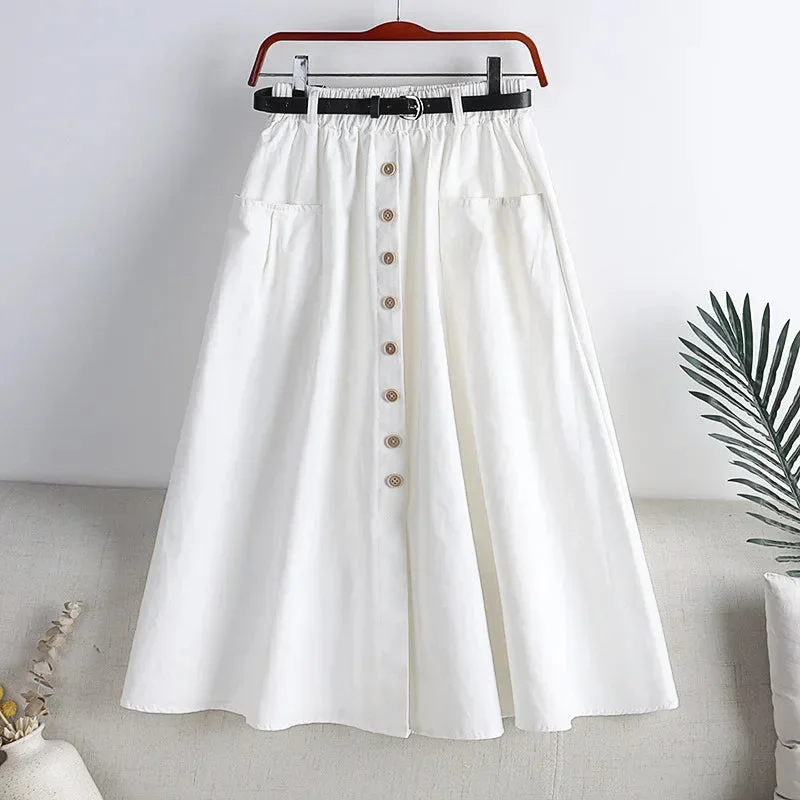 cotton-single-breasted-skirt-women-spring-2024-autumn-fashion-high-waist-pleated-skirt-female-a-line-skirt-with-belt