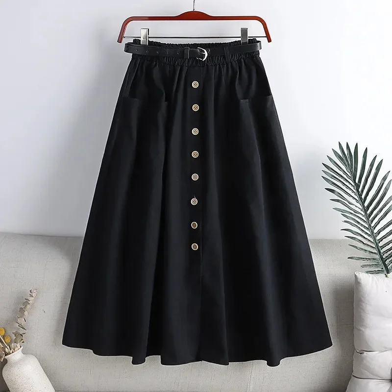 cotton-single-breasted-skirt-women-spring-2024-autumn-fashion-high-waist-pleated-skirt-female-a-line-skirt-with-belt