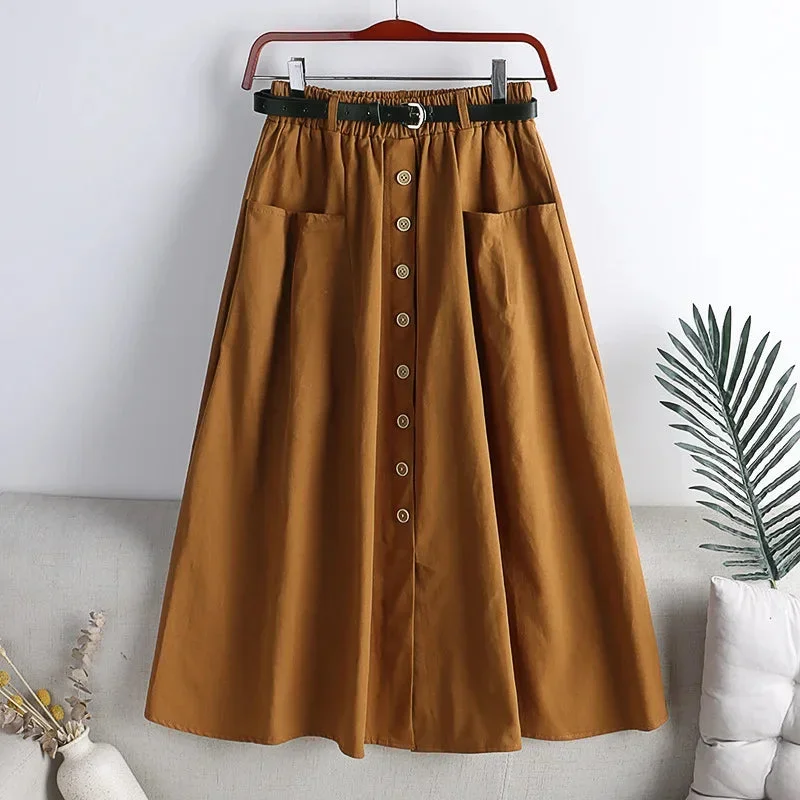 cotton-single-breasted-skirt-women-spring-2024-autumn-fashion-high-waist-pleated-skirt-female-a-line-skirt-with-belt