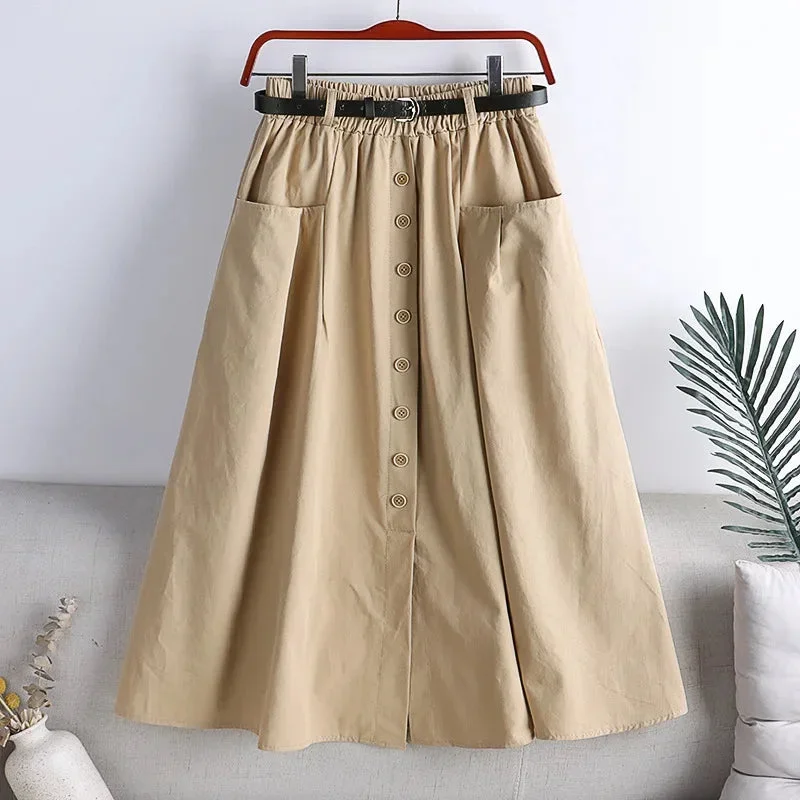 cotton-single-breasted-skirt-women-spring-2024-autumn-fashion-high-waist-pleated-skirt-female-a-line-skirt-with-belt