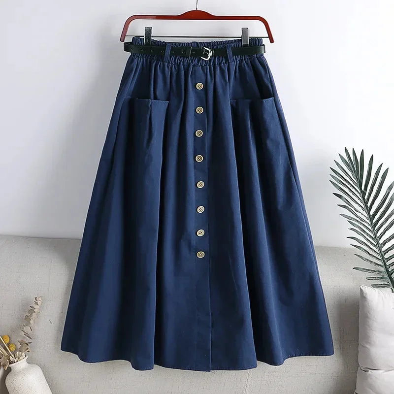 cotton-single-breasted-skirt-women-spring-2024-autumn-fashion-high-waist-pleated-skirt-female-a-line-skirt-with-belt