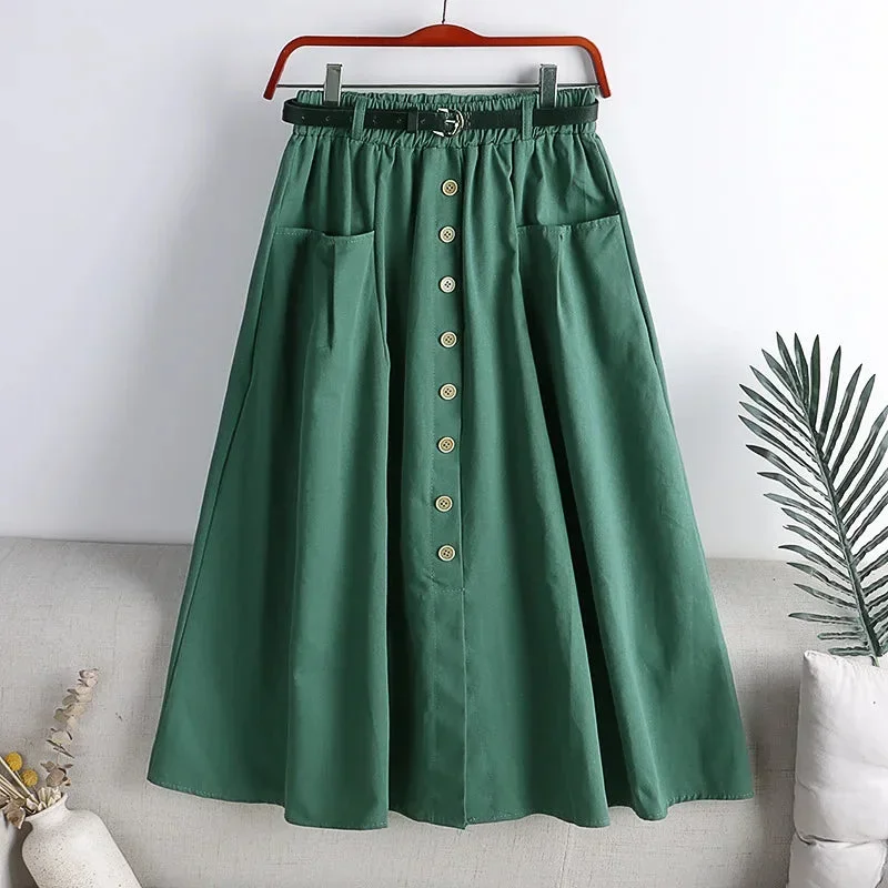 cotton-single-breasted-skirt-women-spring-2024-autumn-fashion-high-waist-pleated-skirt-female-a-line-skirt-with-belt