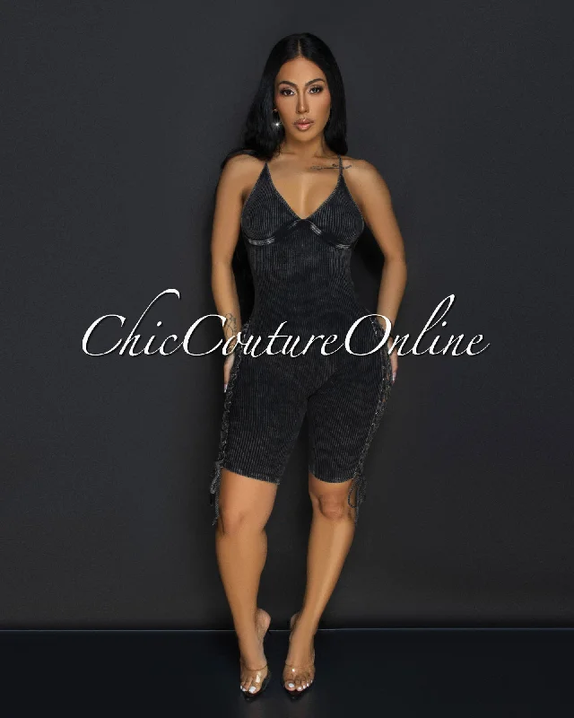 Daya Heather Black Ribbed Lace-Up Sides Romper