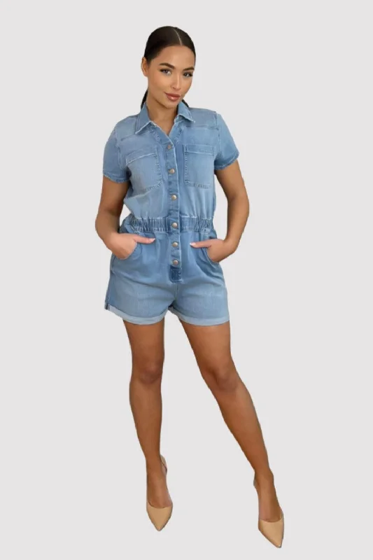 Denim Blue Faded Popper Buttons Playsuit