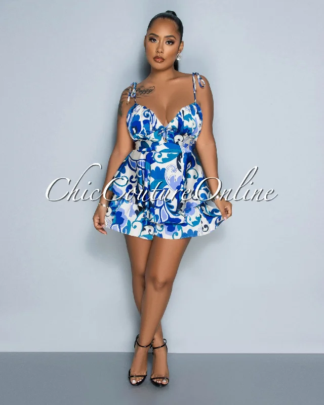 Desilen Cream Blue Print Ruffle Silky Romper