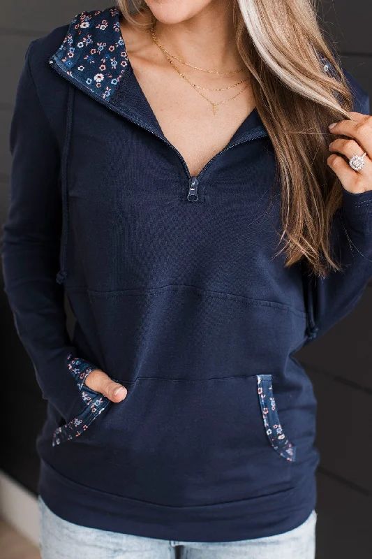 Easy To Love Quarter Zip Hoodie- Navy Floral