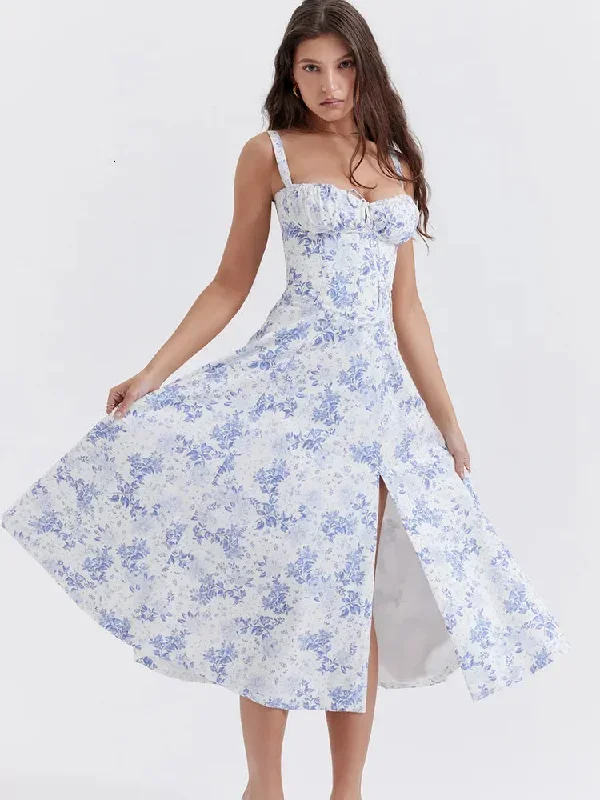 Blue Print Puff Sleeve Sundress