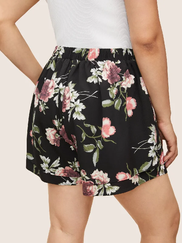 floral-elastic-waist-tiered-hem-shorts