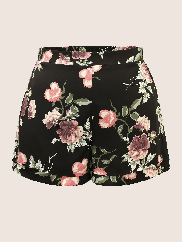 floral-elastic-waist-tiered-hem-shorts