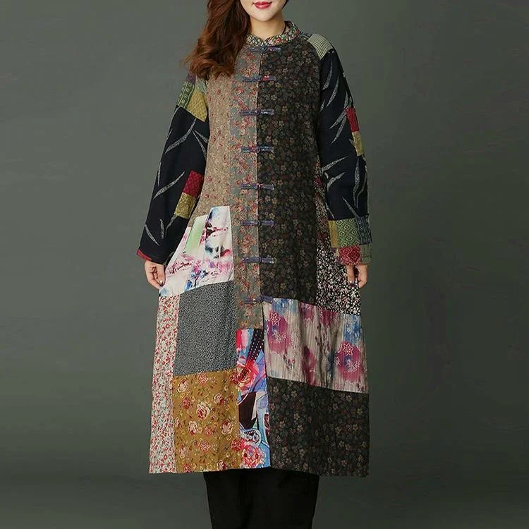 floral patchwork long Loose fitting stand collar fall dresses 2024 A line skirts asymmetrical design caftans