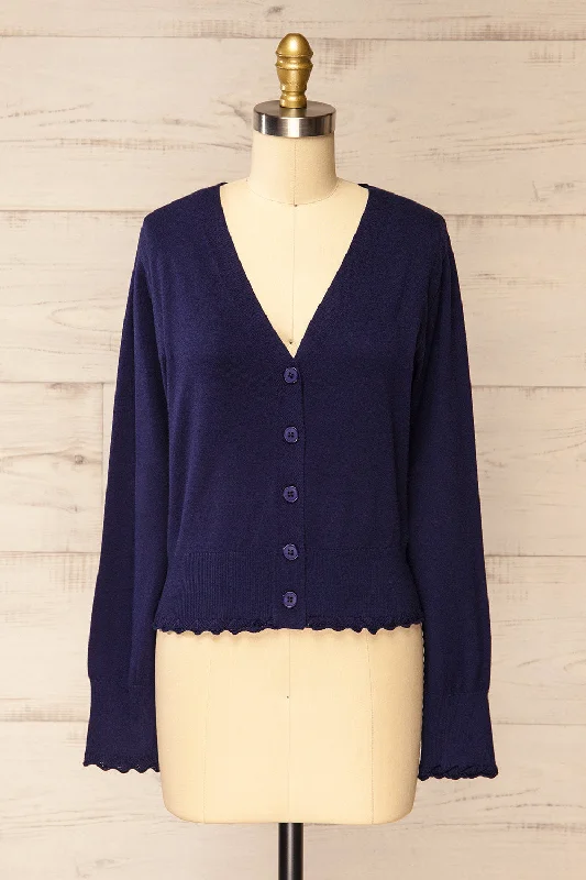 Fortingal | Navy Blue Cardigan w/ Scalloped Hem