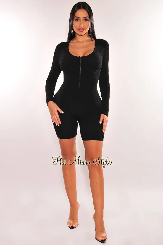 hms-essential-black-ribbed-knit-faux-bustier-zipper-long-sleeves-romper