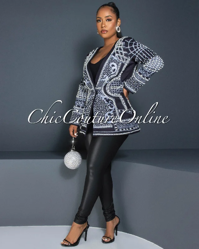 Iran Black Grey Print Pearl Accent Luxe Blazer