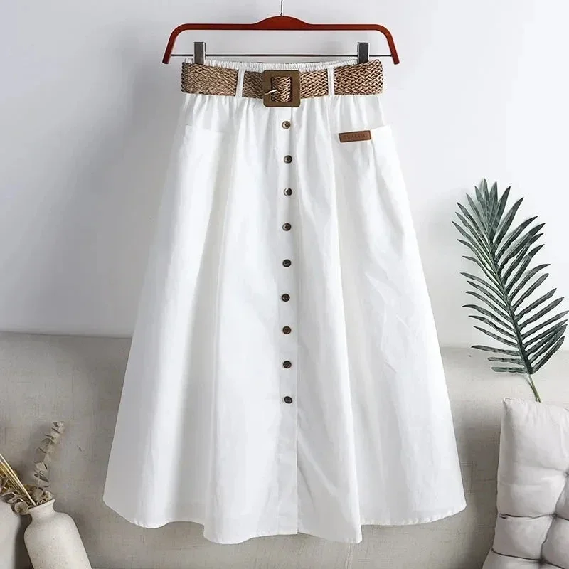 korean-fashion-belt-white-skirt-women-big-size-90kg-elastic-waist-cotton-summer-skirts-mid-length-single-breasted-a-line-faldas