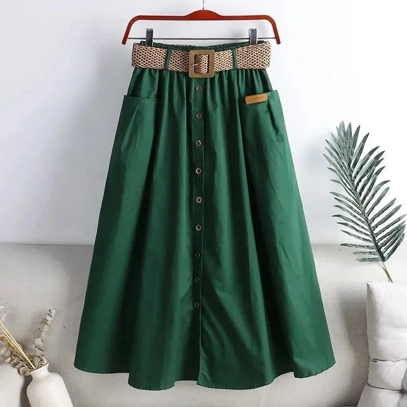 korean-fashion-belt-white-skirt-women-big-size-90kg-elastic-waist-cotton-summer-skirts-mid-length-single-breasted-a-line-faldas