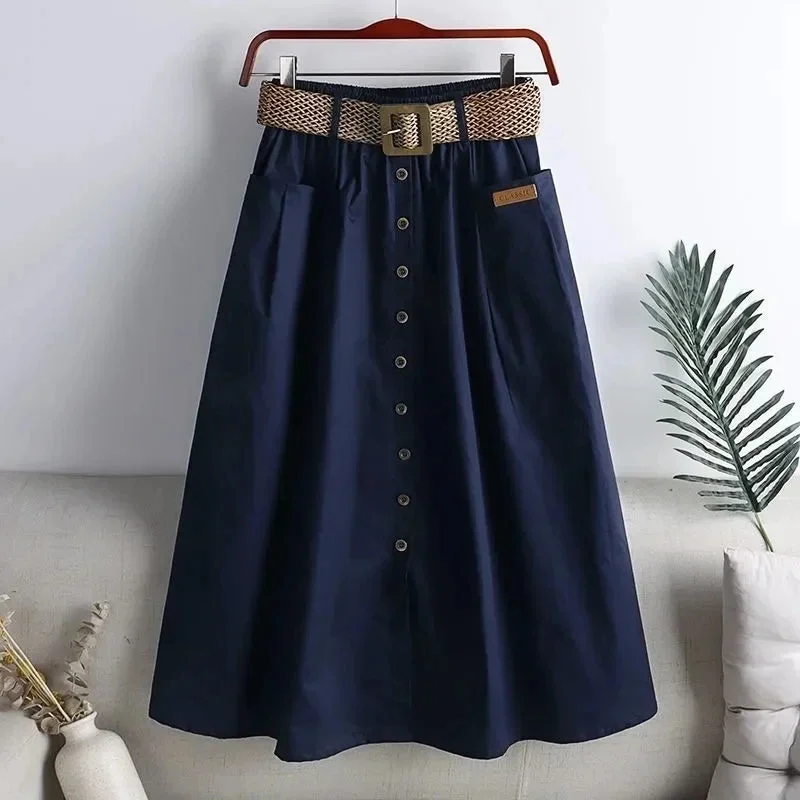 korean-fashion-belt-white-skirt-women-big-size-90kg-elastic-waist-cotton-summer-skirts-mid-length-single-breasted-a-line-faldas