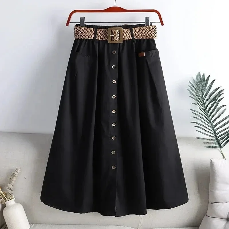 korean-fashion-belt-white-skirt-women-big-size-90kg-elastic-waist-cotton-summer-skirts-mid-length-single-breasted-a-line-faldas