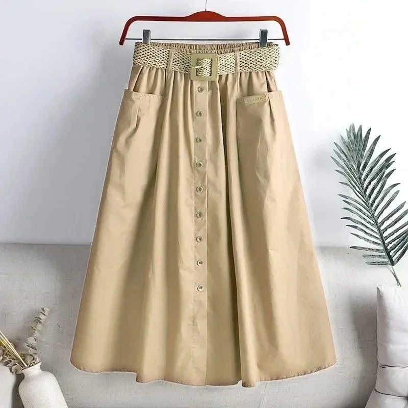 korean-fashion-belt-white-skirt-women-big-size-90kg-elastic-waist-cotton-summer-skirts-mid-length-single-breasted-a-line-faldas