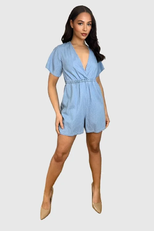 Light Wash Denim Blue V-Neck Elastic Waist Playsuit