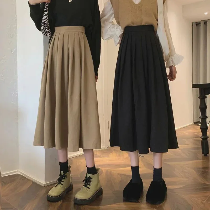 lucyever-vintage-brown-high-waist-pleated-skirt-women-korean-fashion-college-style-long-skirt-ladies-autumn-casual-a-line-skirts