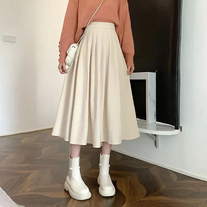 lucyever-vintage-brown-high-waist-pleated-skirt-women-korean-fashion-college-style-long-skirt-ladies-autumn-casual-a-line-skirts