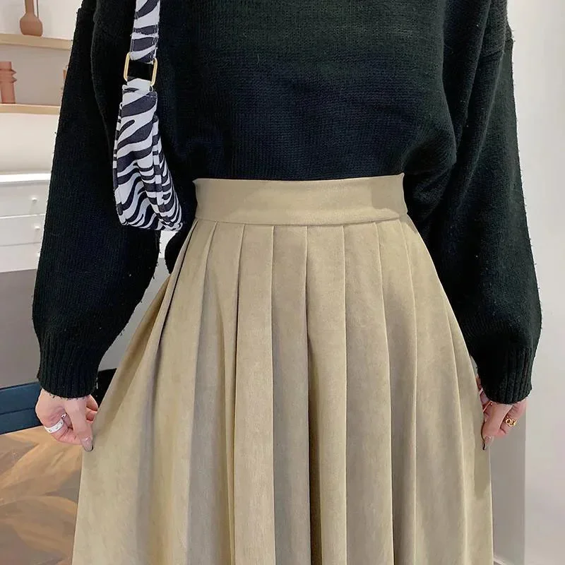 lucyever-vintage-brown-high-waist-pleated-skirt-women-korean-fashion-college-style-long-skirt-ladies-autumn-casual-a-line-skirts