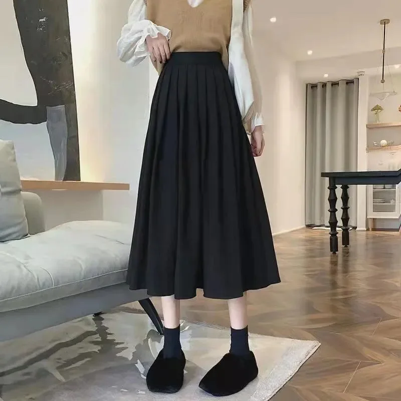 lucyever-vintage-brown-high-waist-pleated-skirt-women-korean-fashion-college-style-long-skirt-ladies-autumn-casual-a-line-skirts