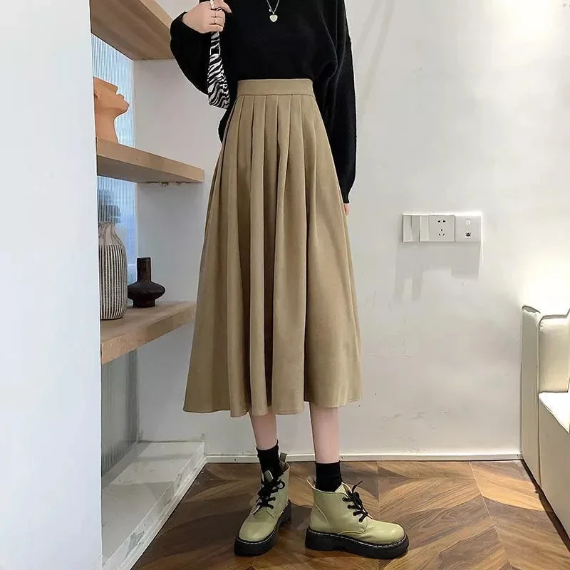 lucyever-vintage-brown-high-waist-pleated-skirt-women-korean-fashion-college-style-long-skirt-ladies-autumn-casual-a-line-skirts