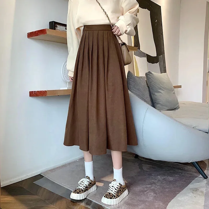 lucyever-vintage-brown-high-waist-pleated-skirt-women-korean-fashion-college-style-long-skirt-ladies-autumn-casual-a-line-skirts